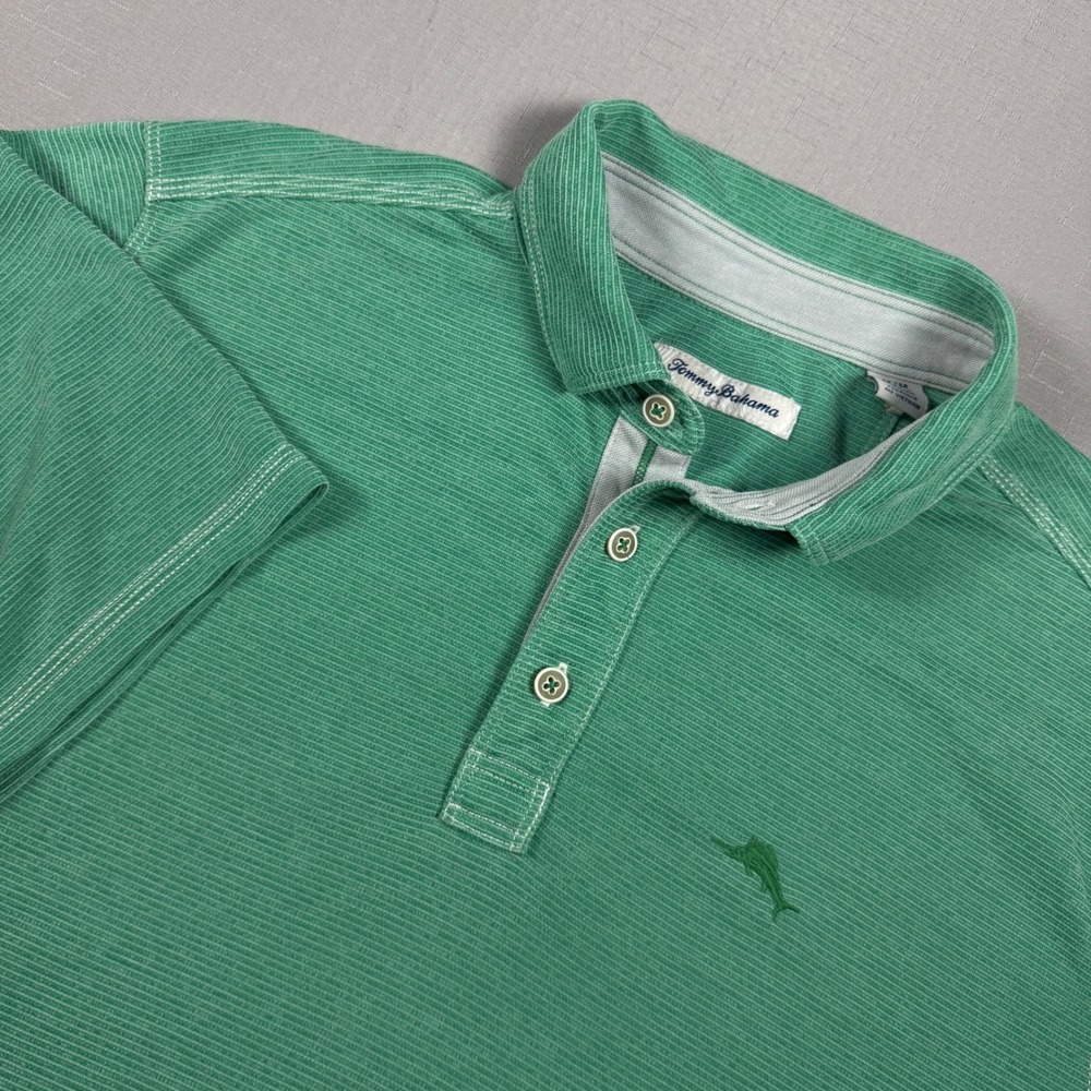 Tommy Bahama Mens Green Micro Stripe Tencel Blend Polo Shirt Size Medium